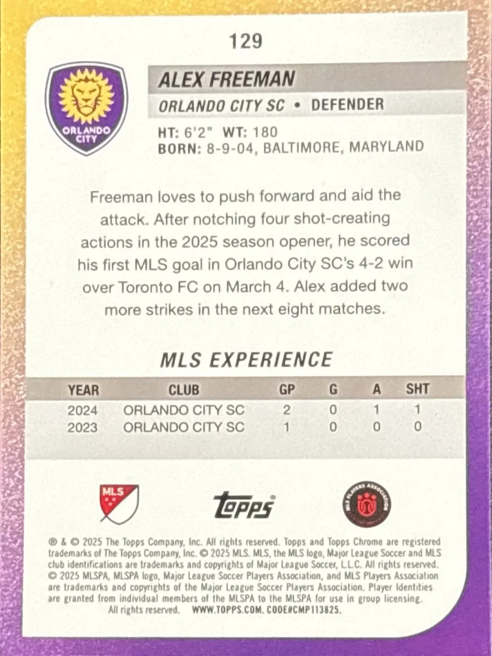 Topps Chrome Alex Freeman Orlando City Rookie Soccer Card